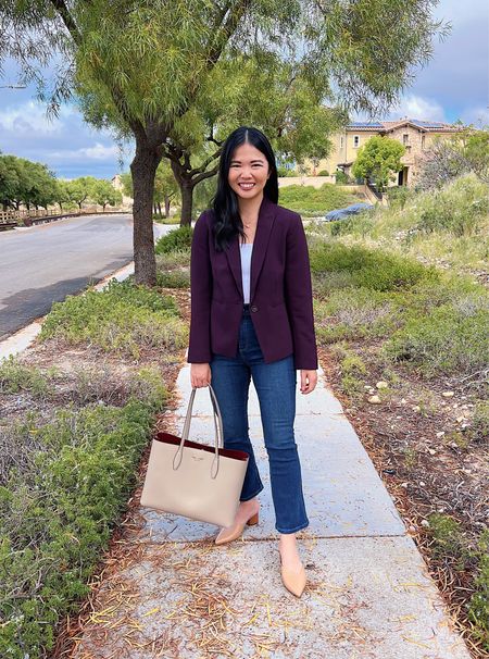 Burgundy blazer (4P)
Plum blazer
White seamless tank top (XS)
High waisted jeans (4P)
High waisted dark wash jeans
High waisted kick crop jeans
Taupe tote bag
Neutral tote bag
Work bag
Kate Spade tote bag
Mule pumps (TTS)
Smart casual outfit
Teacher outfit
Work outfit
Ann Taylor outfit

#LTKSeasonal #LTKstyletip #LTKworkwear