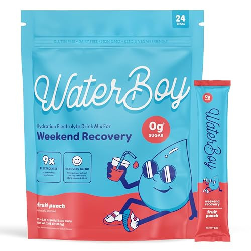 Waterboy Weekend Recovery | 3,200mg Electrolyte Powder Packets | Ginger + L-Theanine + Vitamins | No Sugar, All Natural, Gluten Free | 24 Drink Stick Mixes (Fruit Punch) | Amazon (US)