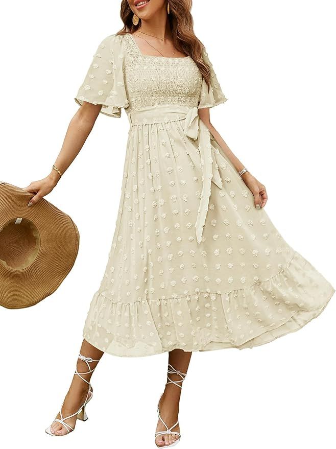 Amegoya Women's Boho Flowy Long Sleeve Square Neck Floral Midi Dress Smocked Spring Fall Wedding ... | Amazon (US)