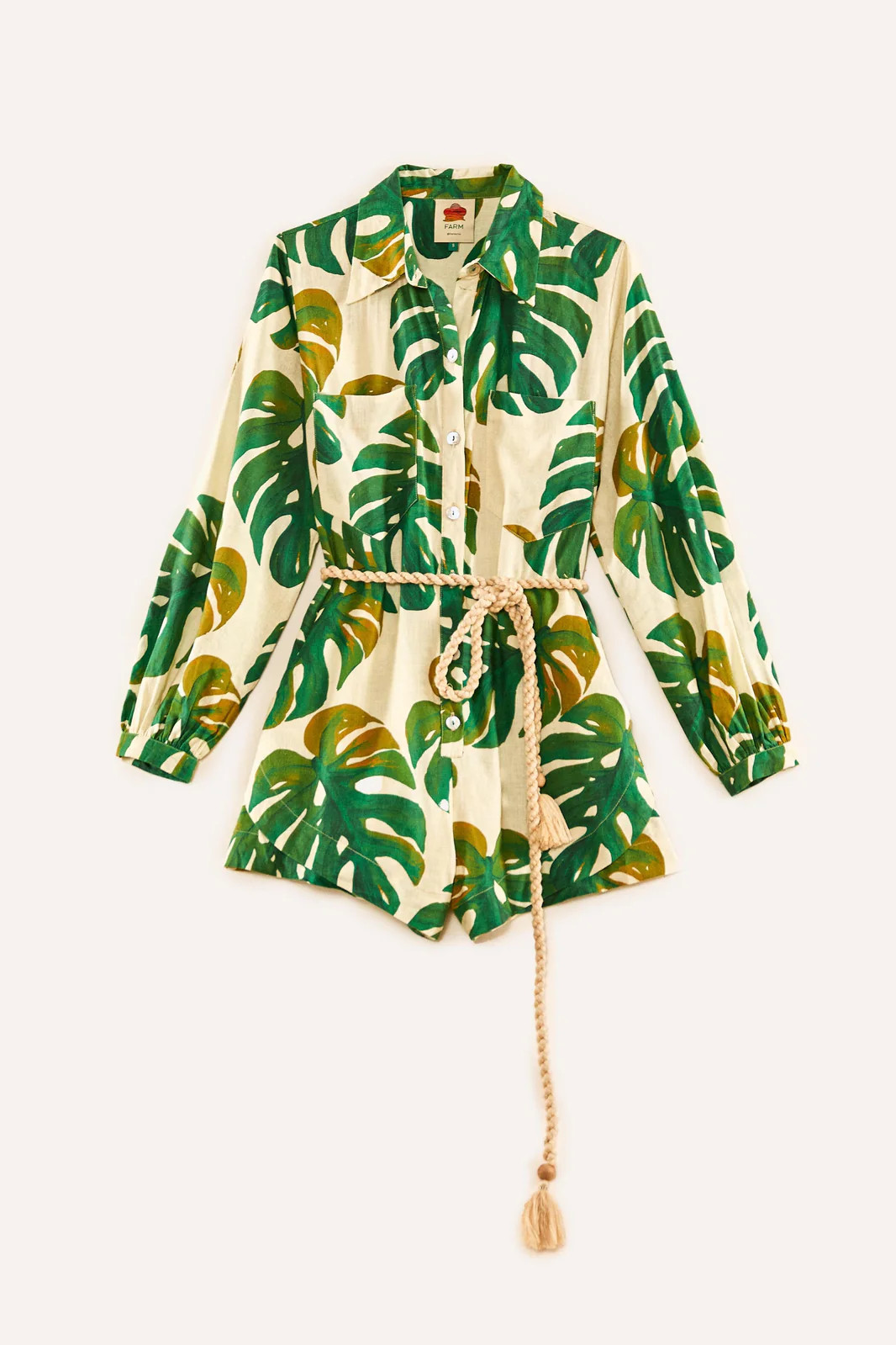 White Monstera Long Sleeve Romper | FarmRio (US)