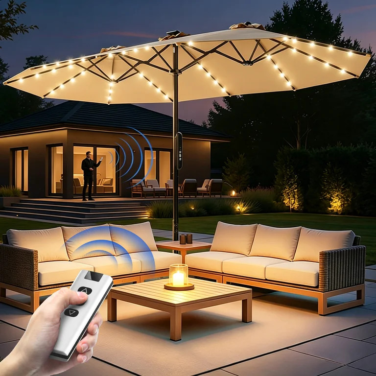 15ft Smart Electric Patio Umbrella, Large Double Sided Rectangular Outdoor Patio Umbrella with Li... | Walmart (US)