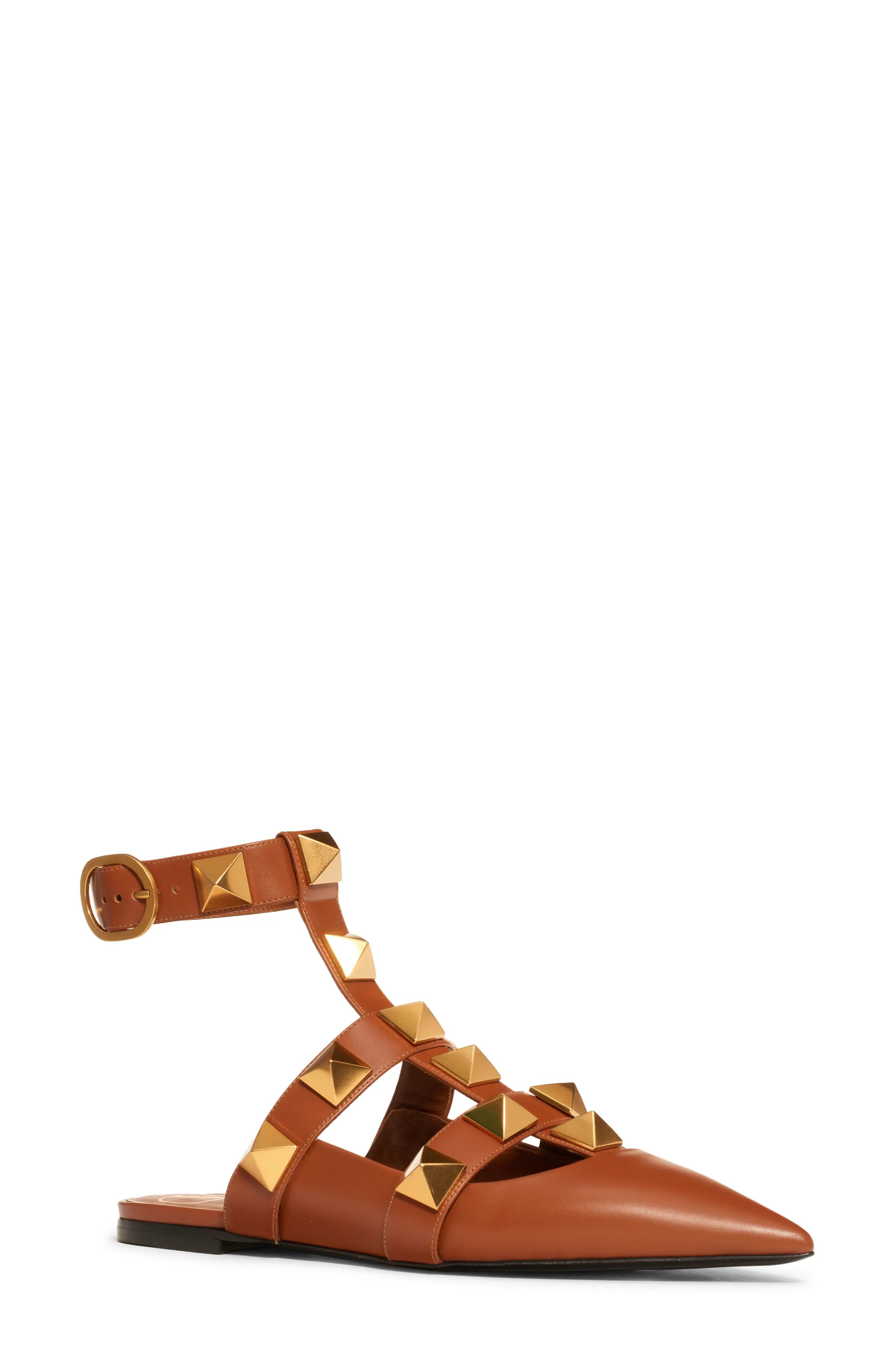Women's Valentino Roman Stud Ankle Strap Flat, Size 6US - Brown | Nordstrom
