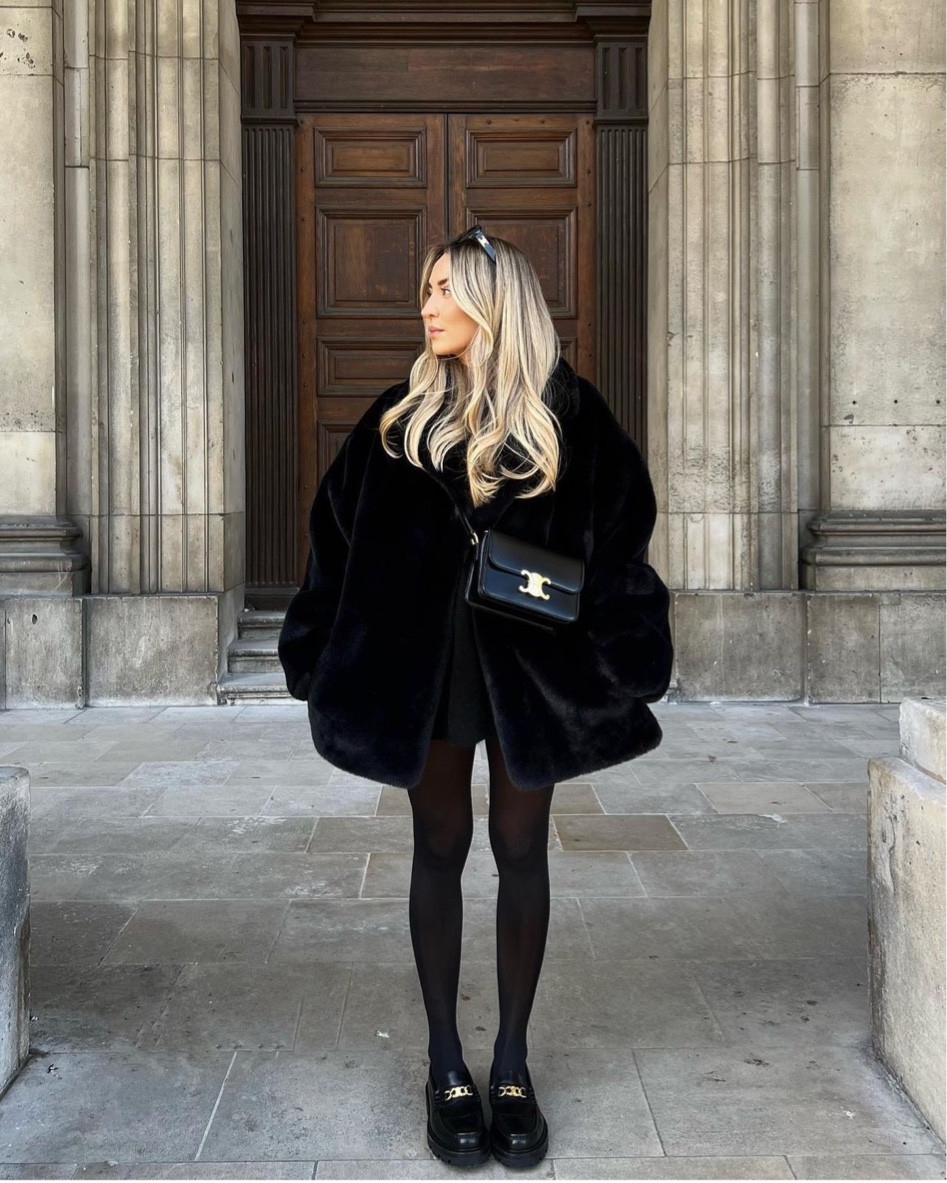 All black look for winter - stand studio black faux fur coat, sheer black tights & Céline triomphe accessories - sunglasses, bag & loafers  

#LTKshoecrush #LTKstyletip #LTKitbag