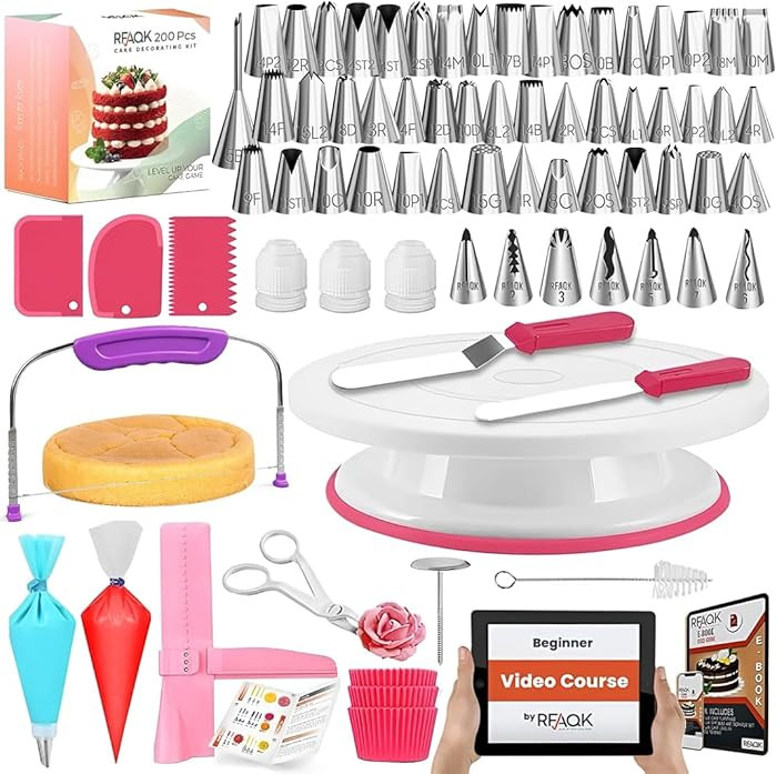RFAQK 200PCs Cake Decorating Kit with Cake Turntable & Leveler, Baking Supplies Gift Includes 110... | Amazon (US)