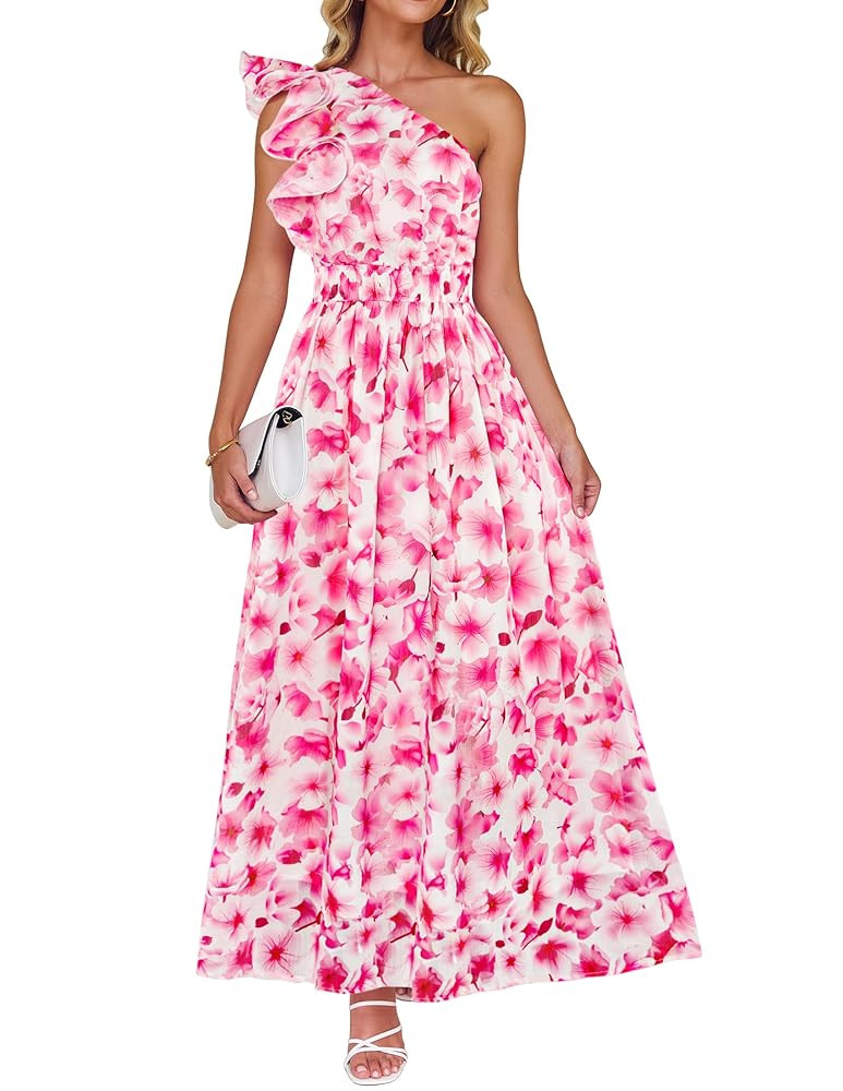 ZESICA Women's 2025 Boho Floral Sleeveless Maxi Dress Ruffle One Shoulder Elatsic High Waist Beac... | Amazon (US)
