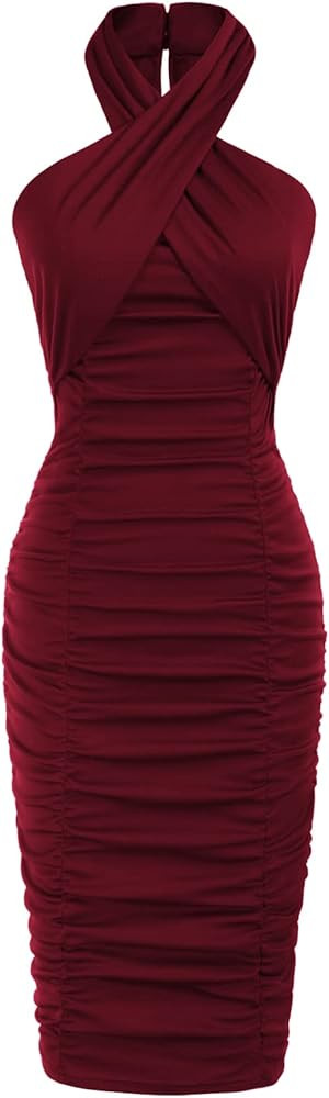 GRACE KARIN Women Sexy Ruched Bodycon Dress Halter Sleeveless Criss Cross Midi Party Club Dresses | Amazon (US)