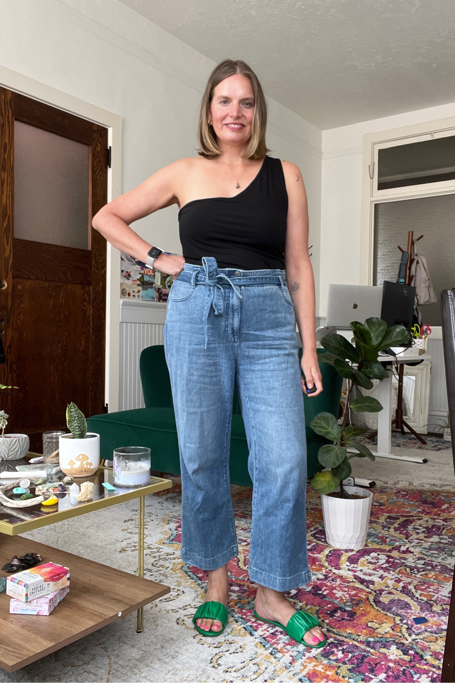 Outfit formula: one shoulder top, paper bag deals and colorful shoes 

#LTKstyletip #LTKcurves #LTKSeasonal