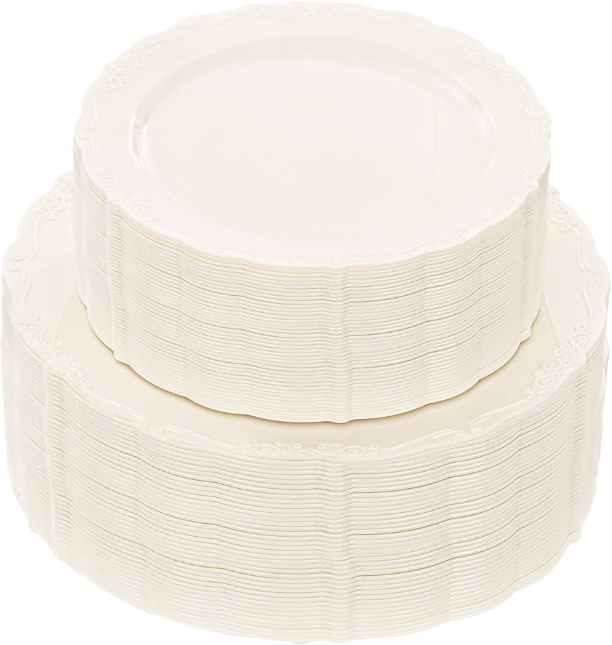 U-QE 100 Pieces Ivory Plastic Plates for Christmas - Ivory Disposable Plastic Plates - Heavy Duty... | Amazon (US)
