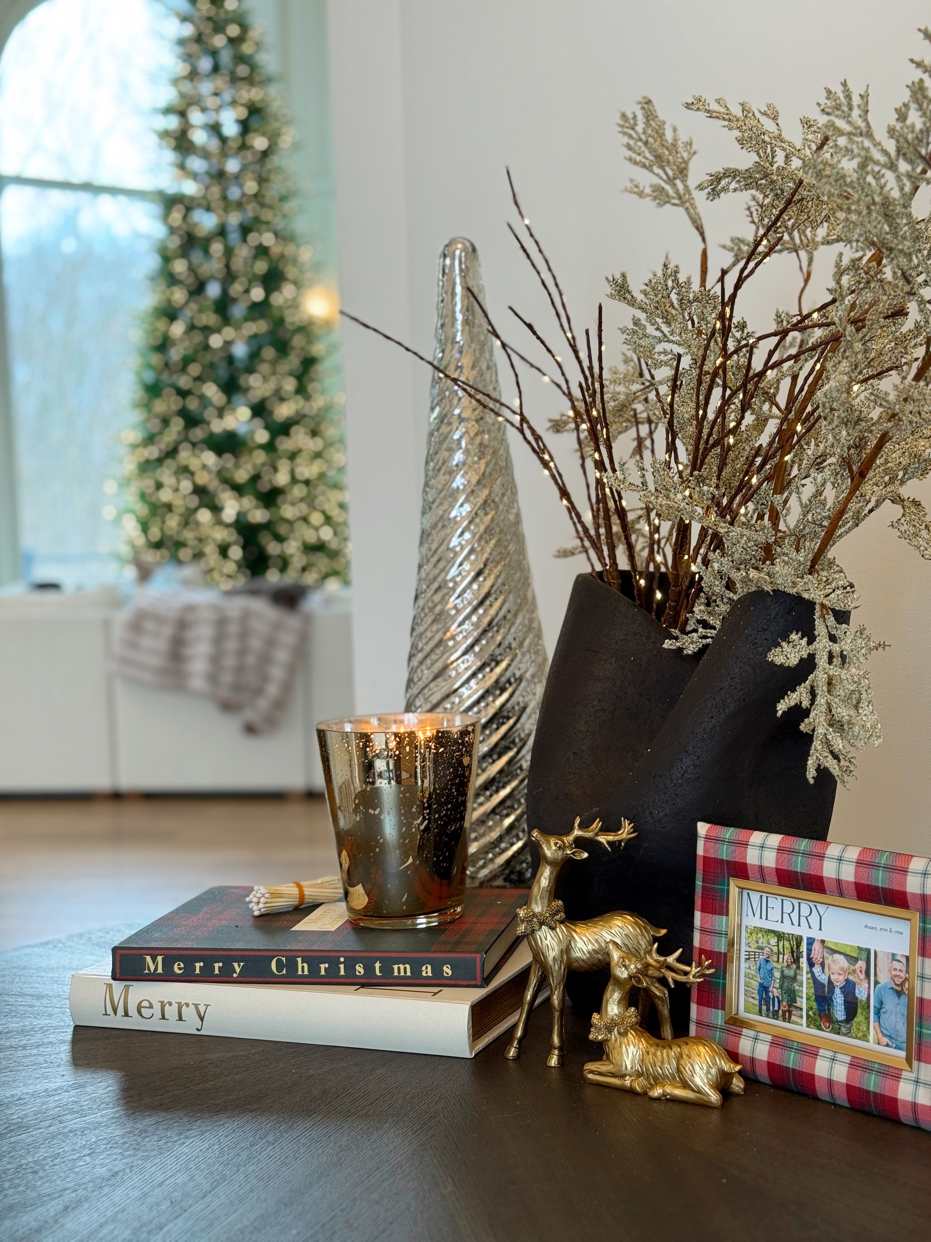 Front entrace holiday decor #reindeer #christmastrees #candle #tabledecor #decor 

 #LTKHoliday #LTKSeasonal #LTKHome