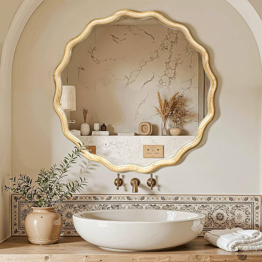 Circle Wood Mirrors for Wall, Wavy Round Bathroom Scalloped Mirror Wooden Frame 28 Inch for Livin... | Amazon (US)