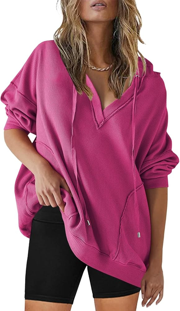 SENSERISE Womens Oversized Hoodies V Neck Drawstring Long Sleeve Waffle Knit Tops Lightweight The... | Amazon (US)