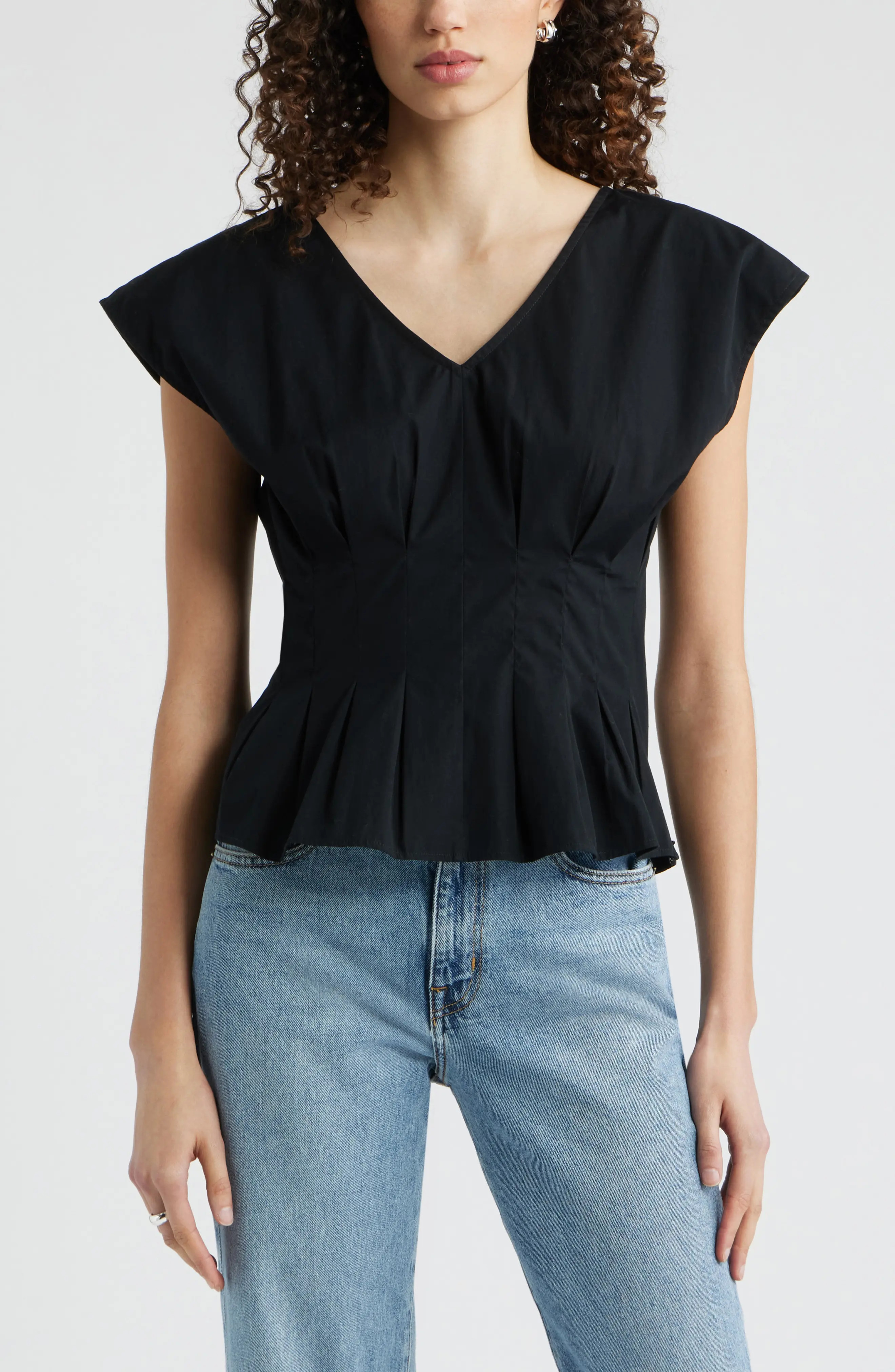 Pleated V-Neck Poplin Top (Women) | Nordstrom | Nordstrom