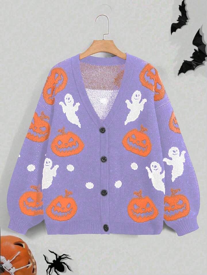 PUNK Plus Halloween Pumpkin & Ghost Pattern Drop Shoulder Cardigan | SHEIN
