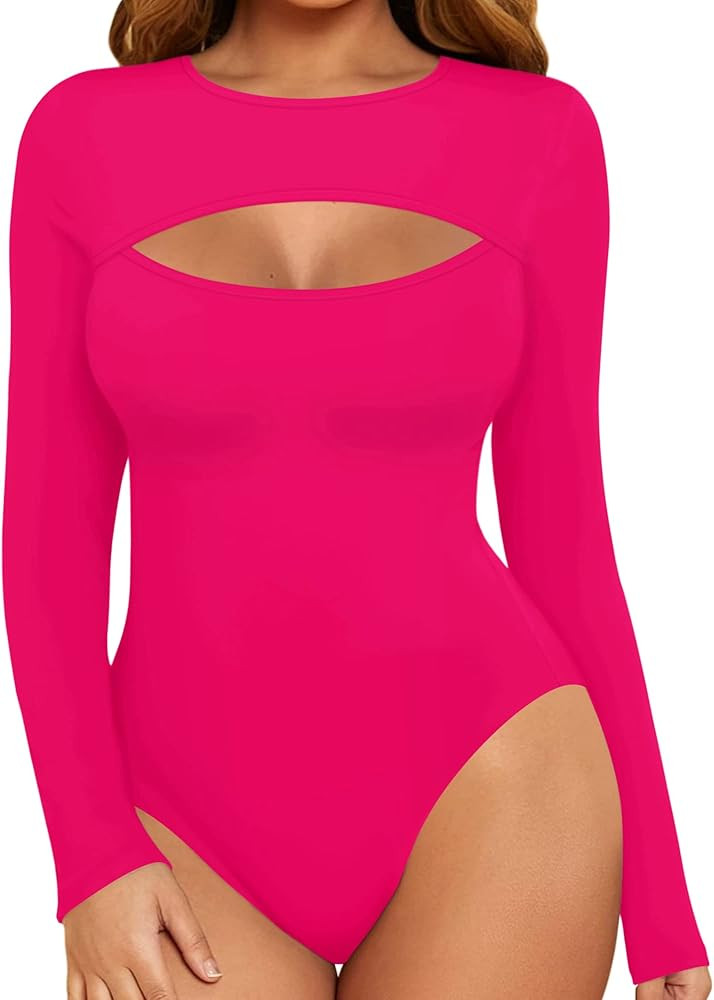 MANGOPOP Women's Cutout Front Long Sleeve Short Sleeve Bodysuit Round Neck Body Suits Sexy Going ... | Amazon (US)