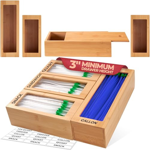 Storage Bag Organizer, Bamboo Baggie Organizer for Drawer, 4 Modular Blocks for Kitchen Organization, Plastic Bag Storage Organizer, Quick Refill - Fits Gallon, Quart, Sandwich, Snack Size Bags | Amazon (US)