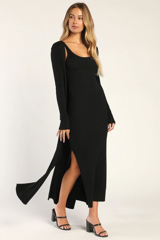 Layer Lover Black Ribbed Knit Two-Piece Dress & Cardigan Set | Lulus (US)