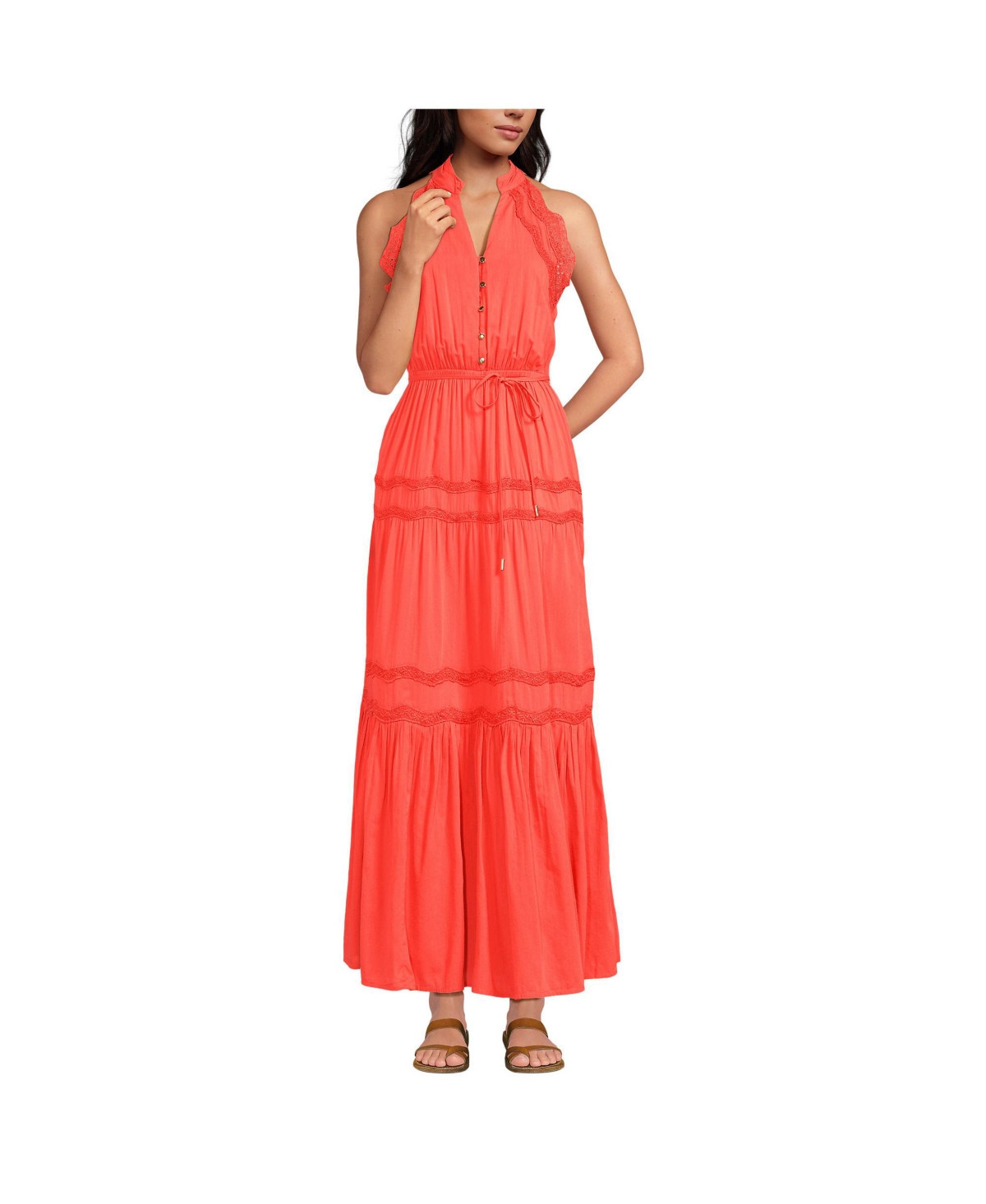 Lands' End Women's Cotton Voile Halter Tiered Maxi Dress - Pop orange sherbert | Macy's