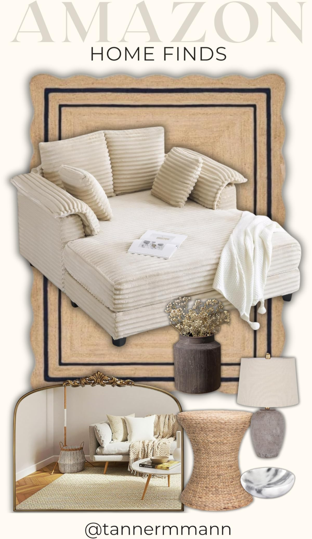 VINGLI 56" Oversized Chaise Lounge Chair, Beige Comfy Corduroy Chaise Sofa Recliner Bed Upholstered Sleeper Couch Bed with Throw Pillows and Armrests for Living Room, Movie Room, Bedroom | Amazon (US)