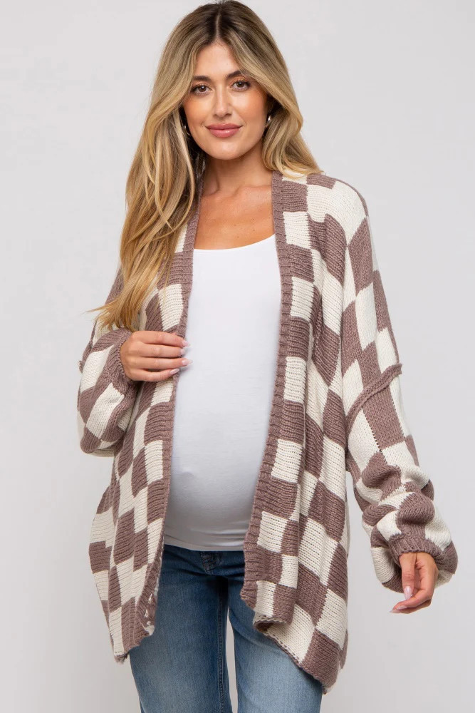 Taupe Checkered Print Oversized Maternity Cardigan | PinkBlush Maternity