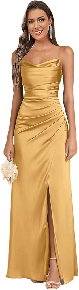 Women's Cowl Neck Satin Bridesmaid Dresses for Wedding Mermaid Spaghetti Straps Long Formal Prom ... | Amazon (US)