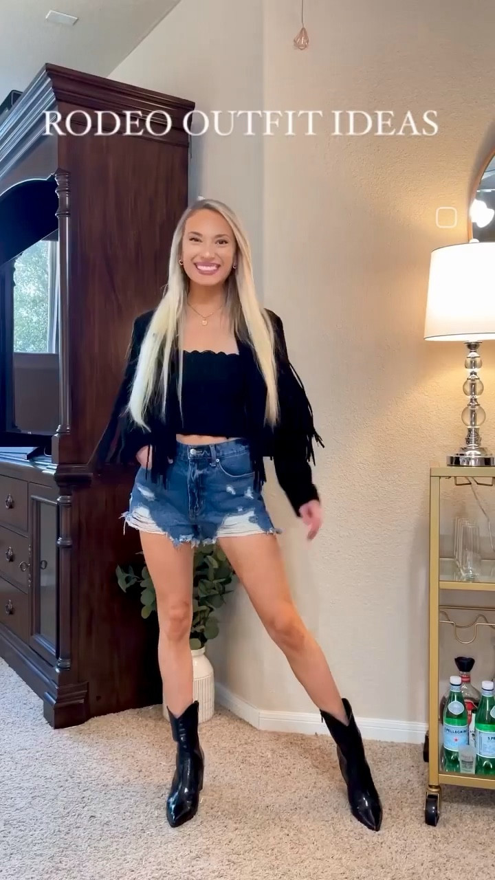 Western Outfits Ideas: Country Concert, Festival Houston Rodeo, Nashville Outfits, Trendy Fringe Jacket, Southern Style, Nashville Outfit Ideas, IG Reel, TikTok, White Boots, Black Western Boots 

#LTKshoecrush #LTKstyletip #LTKunder100