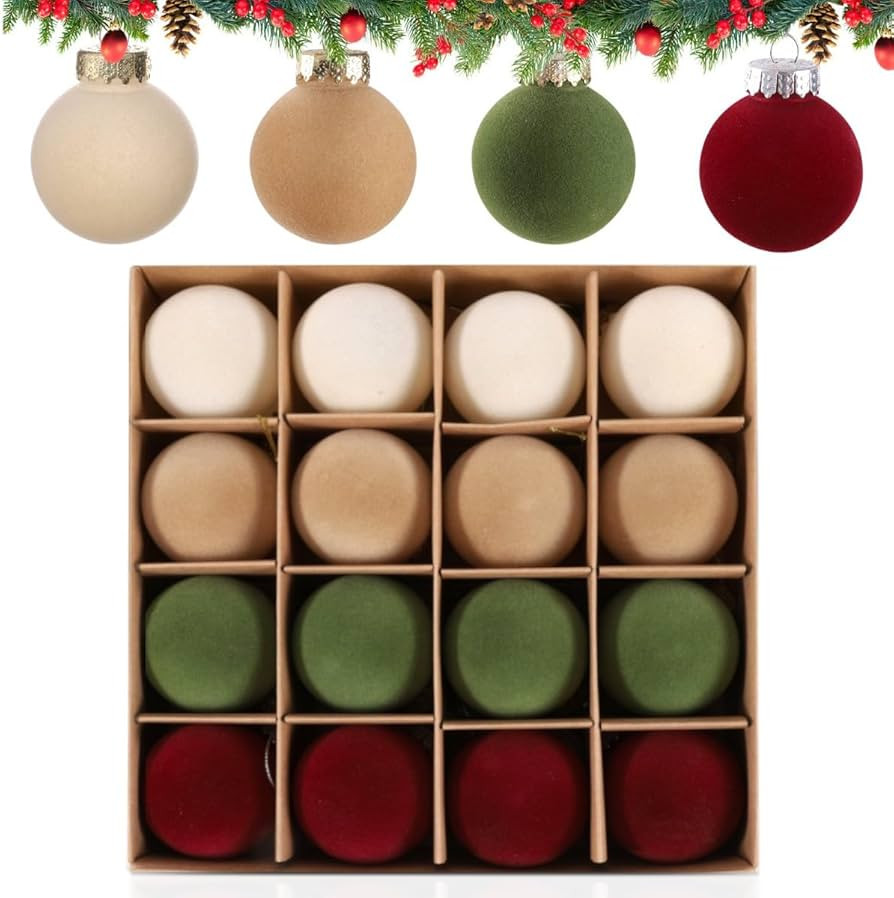 Velvet Christmas Balls 16pcs Shatterproof Flocked Christmas Ball Ornaments Set Plastic Neutral Ch... | Amazon (US)