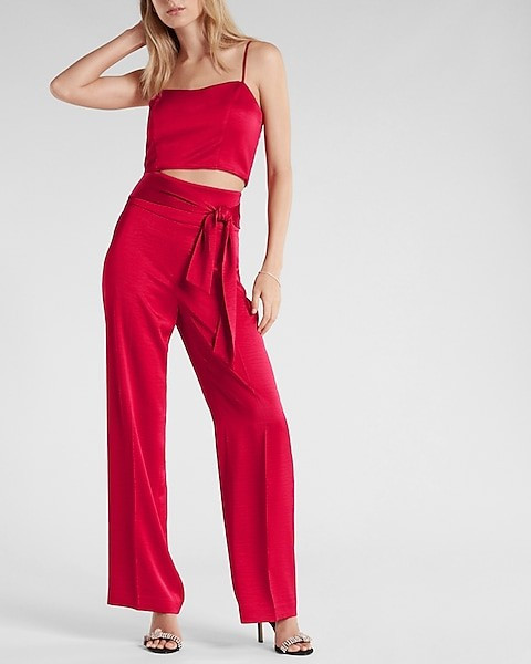 Super High Waisted Satin Tie Waist Trouser Pant | Express