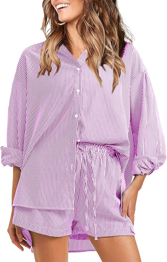 EXLURA Women's Summer 2 Piece Sets Long Sleeve Button Down Shirts Matching Short Sets Beach Vacat... | Amazon (US)