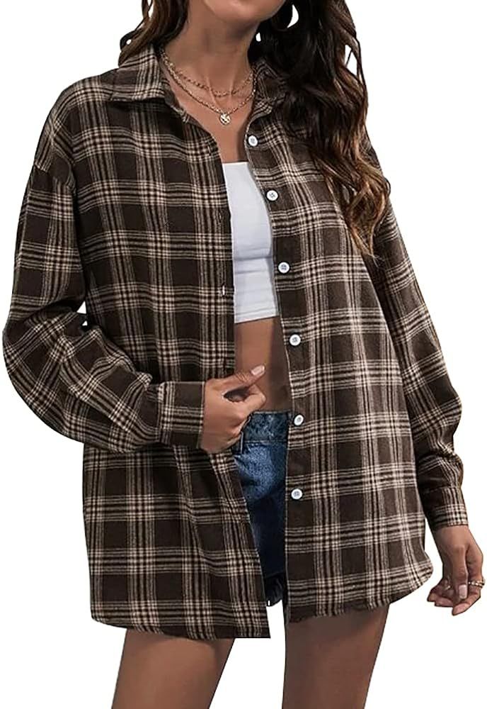 LYANER Women's Long Sleeve Plaid Collar Button Down Boyfriend Shirt Blouse Top | Amazon (US)
