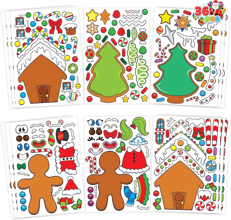 JOYIN 36 Pcs Christmas Make-a-face Sticker Sheets Make Your Own Xmas Cute Stickers with Gingerbre... | Amazon (US)