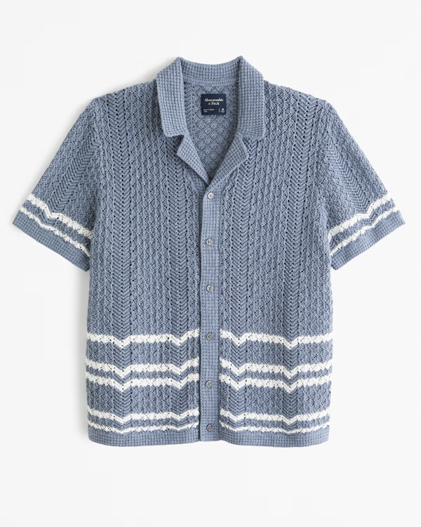 Men's Striped Crochet-Style Stitch Button-Through Sweater Polo | Men's Tops | Abercrombie.com | Abercrombie & Fitch (US)