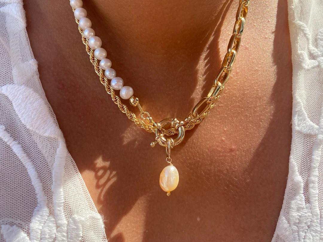 Fresh Water Pearl Necklace Layered Gold Filled Necklace Set Pearl Paper Clip Rope Necklace Gold S... | Etsy (US)