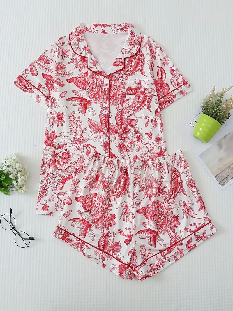 Women's Floral Print Pajama Set - Short Sleeve Lapel Top and Elastic Waistband Shorts for Comfort... | Temu Affiliate Program