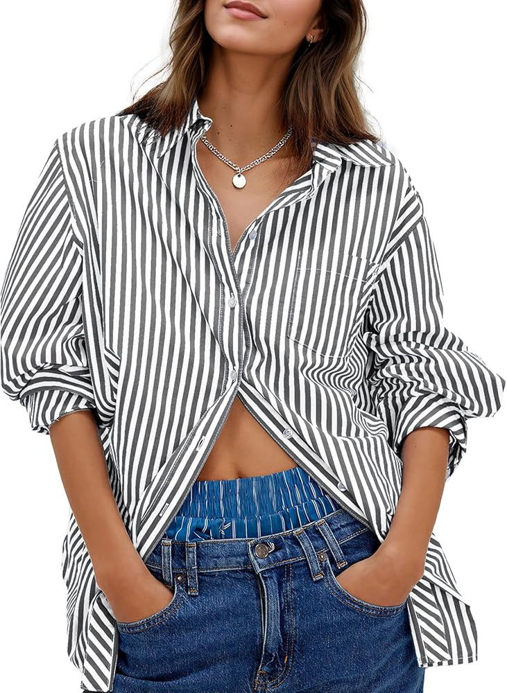 Besshopie Womens Button Down Shirts Stripe Long Sleeve Blouse Casual Work Office Shirt Oversize T... | Amazon (US)