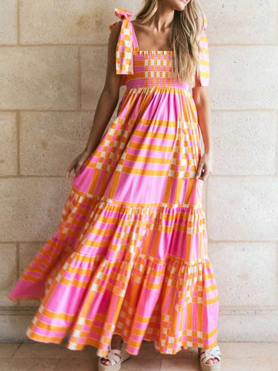 Acelitt Pink Bohemian Ruffled Hem Sleeveless Dress, Summer | SHEIN