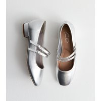 Women's Silver Double Strap Mary Jane Ballet Pumps New Look | New Look (UK)