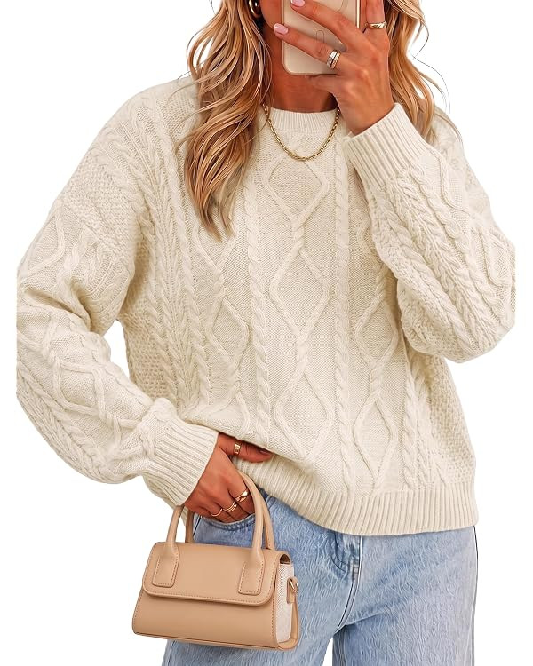 Arach&Cloz Women's Oversized Cropped Cable Knit Casual Sweater Tops | Amazon (US)