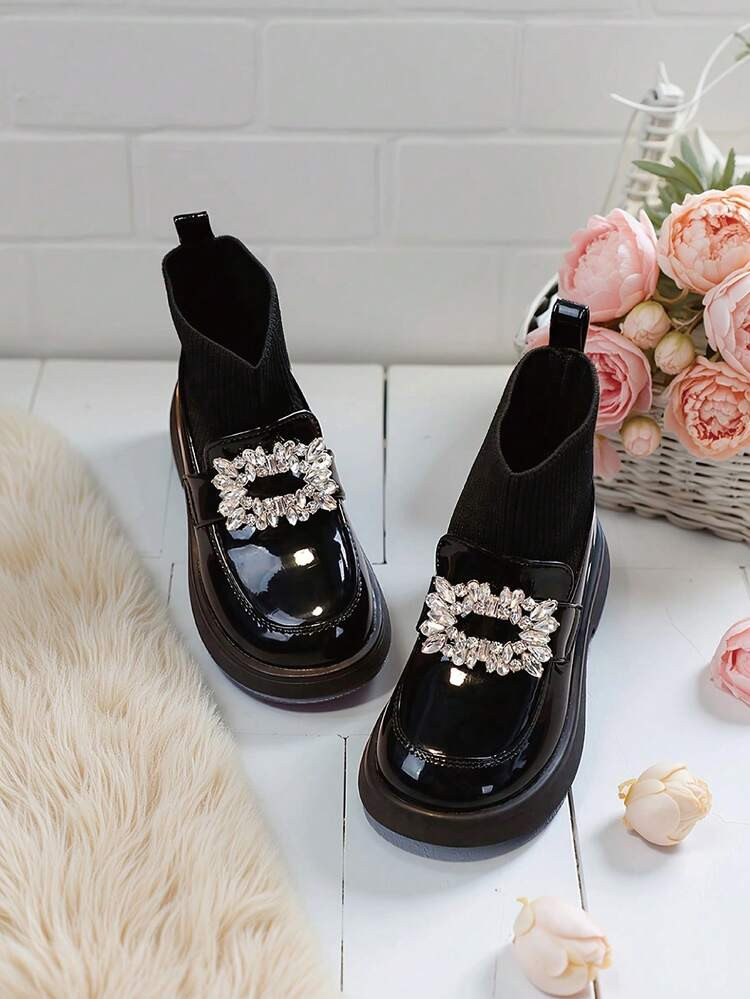 1 Pair Fashion Girls Slip-On Sock Shoes, Shiny PU Rhinestone Decorated, Suitable For School, Daily Wear, Party And Dance Events | SHEIN
