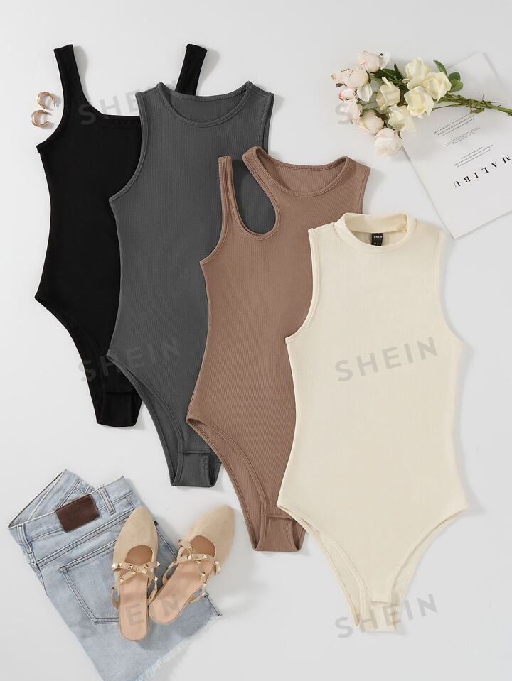 SHEIN EZwear 4pcs Solid Ribbed Knit Bodysuit | SHEIN