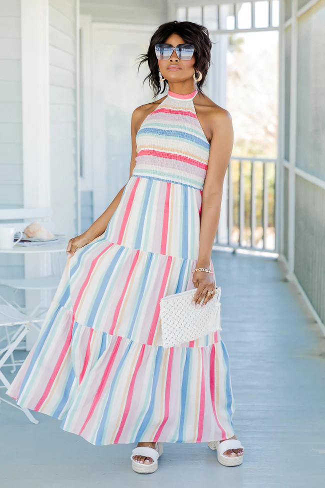 Evening Breeze Multi Striped Halter Maxi Dress | Pink Lily