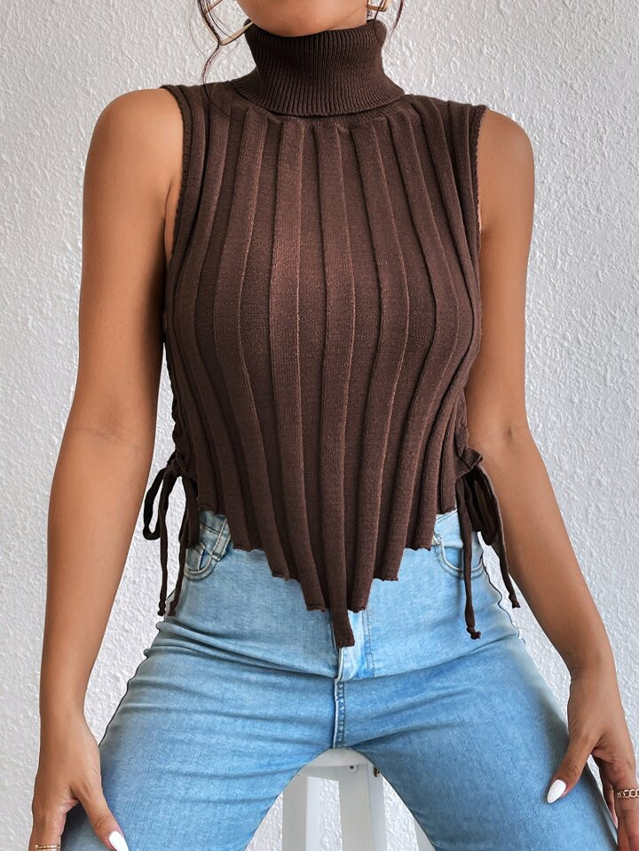 SHEIN BAE Turtle Neck Lace-up Side Asymmetrical Hem Sweater Vest | SHEIN
