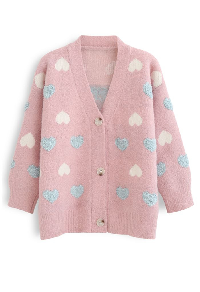 Button Down Heart Fuzzy Knit Cardigan in Pink | Chicwish