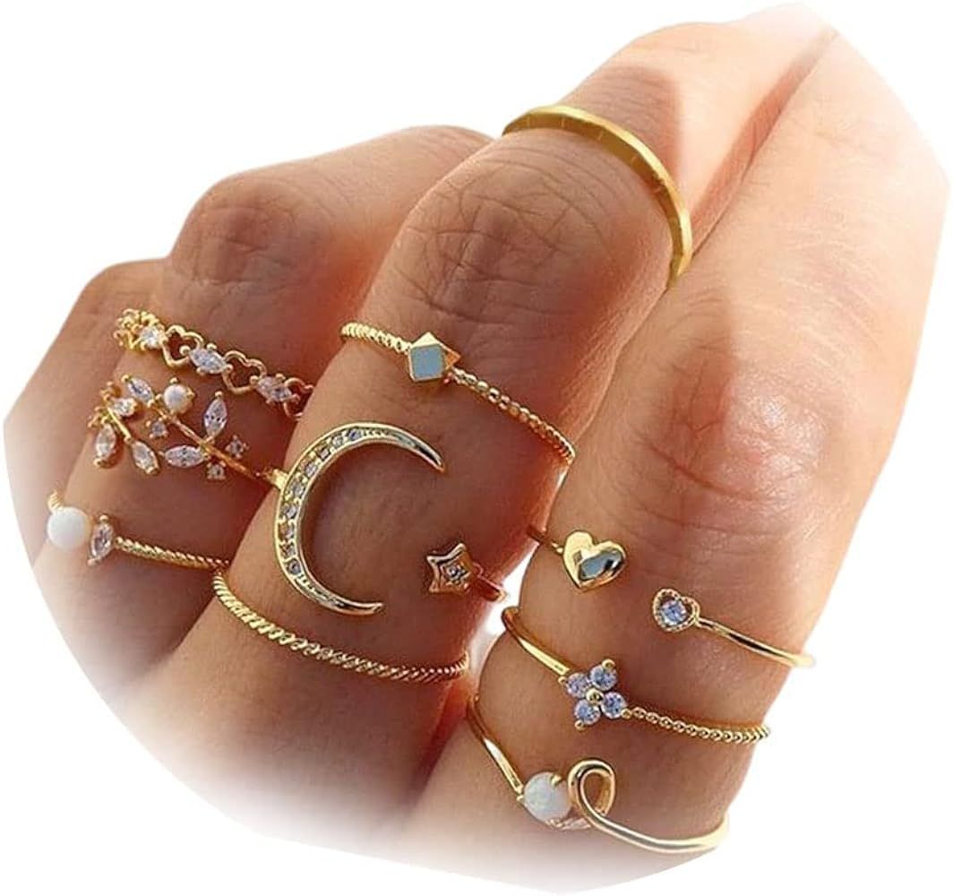 Harry and Henry Boho Gold Stacking Rings for Women Gold Knuckle Rings Set Simple Star Moon Flower... | Amazon (US)