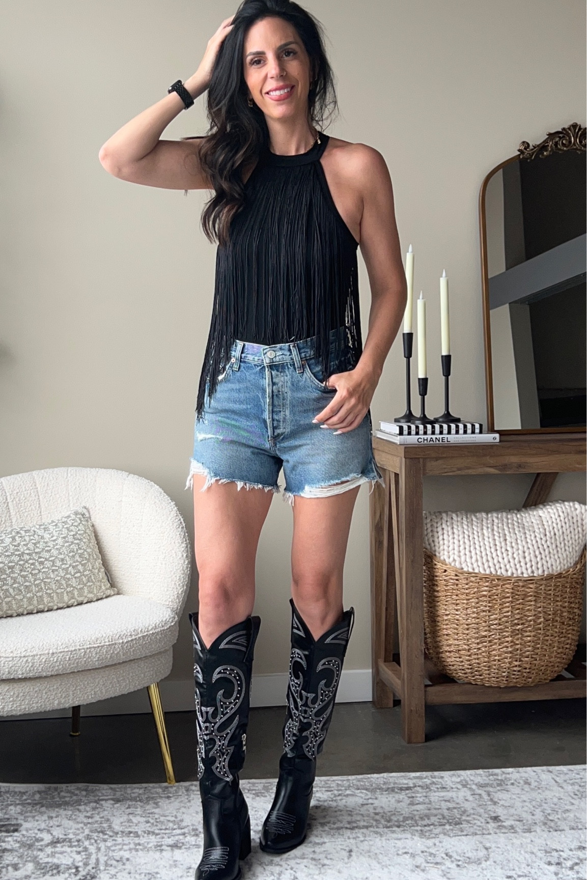 Country concert look 
Black fringe bodysuit - small 
Denim shorts - tts 
Affordable cowboy boots - insanely comfortable and tts 
#ltkfind #ltkunder50 #ltkseasonal 

#LTKsalealert #LTKshoecrush #LTKU