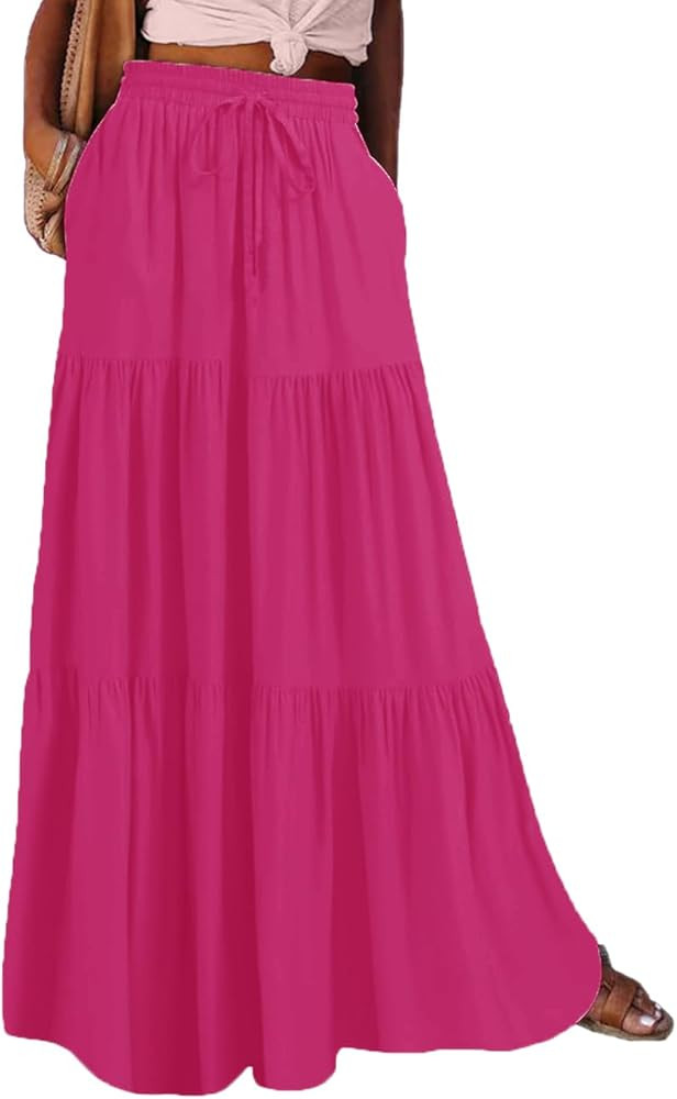 Flowy Maxi Skirt for Women Boho Long Skirts with Pockets High Waisted Ruffle Tiered Casual Fall Fashion Outfits | Amazon (US)
