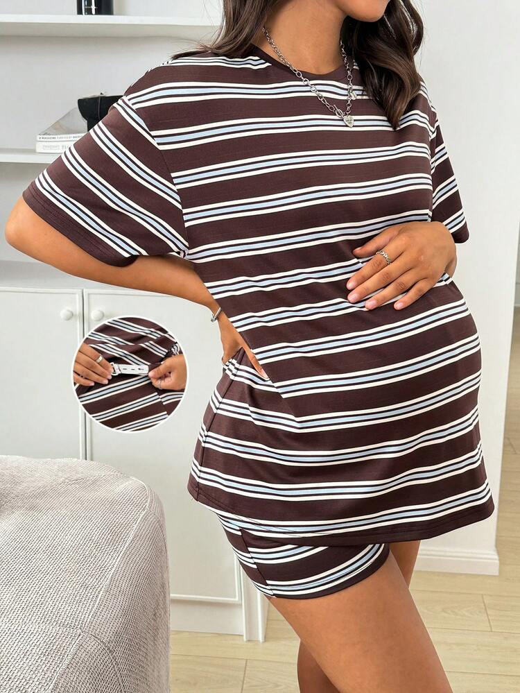 SHEIN 2pcs Maternity Casual Striped Short Sleeve Top And Adjustable Waist Shorts Set | SHEIN