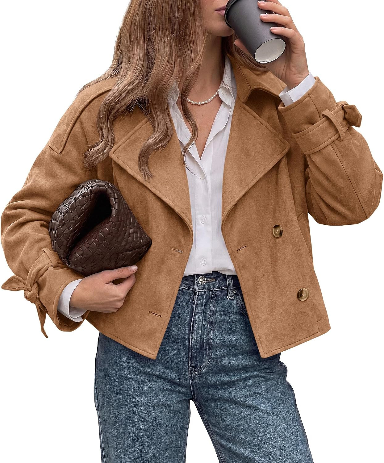 PRETTYGARDEN Women Faux Suede Double Breasted Trench Coat Cropped Jackets | Amazon (US)