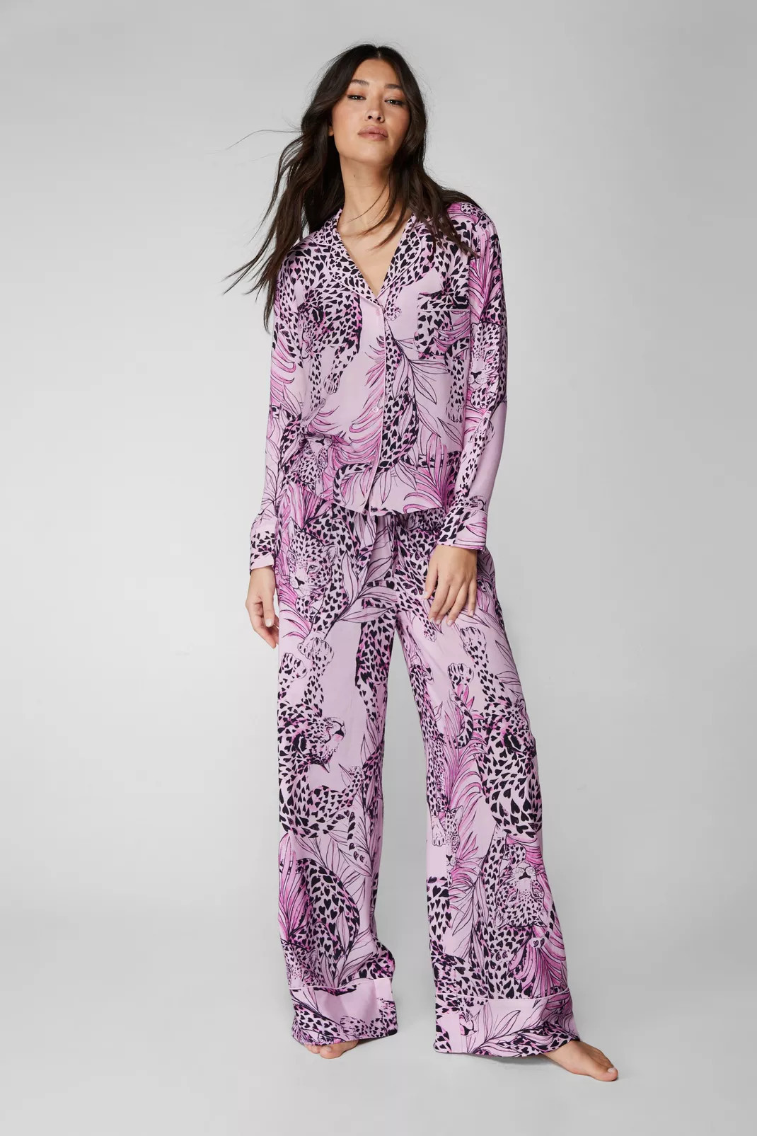 Rayon Cheetah Long Sleeve Pajama Pants Set | Nasty Gal US
