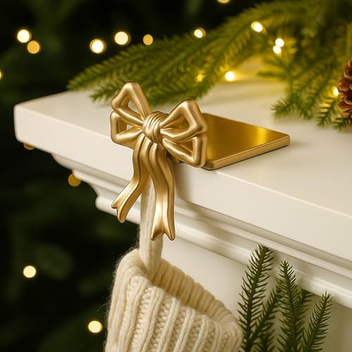 MorningRo 4 Pcs Gold Bow Christmas Stocking Holder Heavy Duty Cast Iron Gold Christmas Bow Stocking Holder Xmas Home Metal Decoration for Mantle Fireplace Shelf Staircase Decoration(Novelty) | Amazon (US)