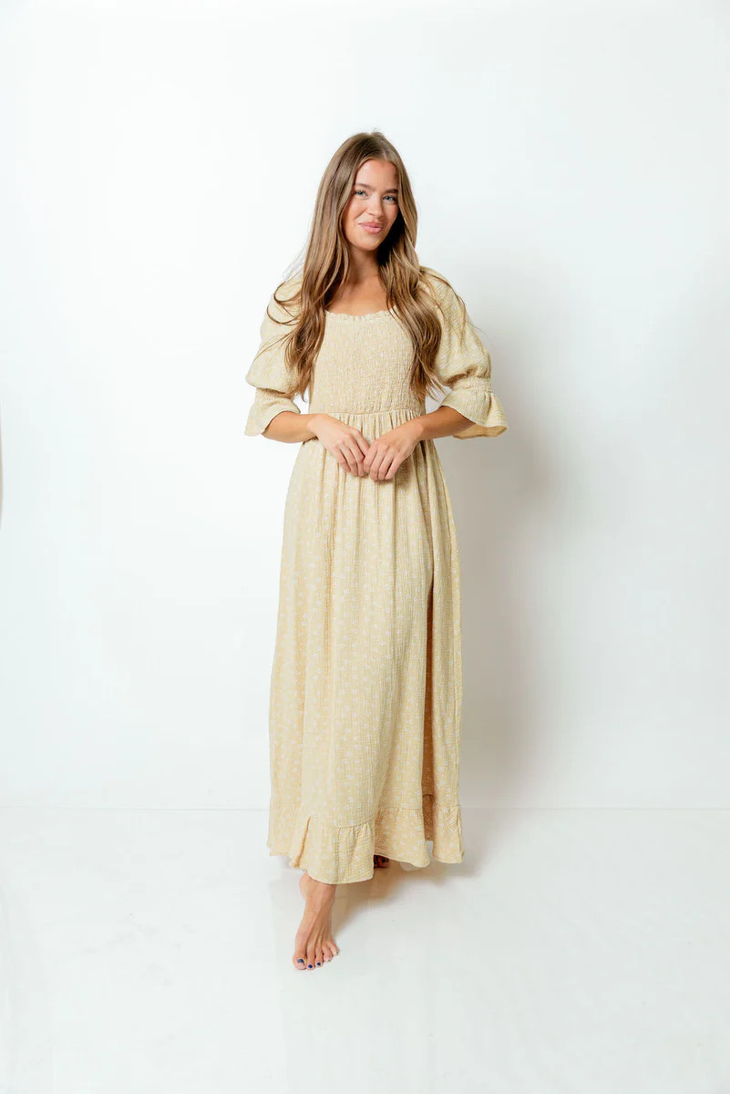 Sienna 100% Cotton Puff Sleeve Maxi Dress in Muted Gold Foliage - Bump | Worth Collective